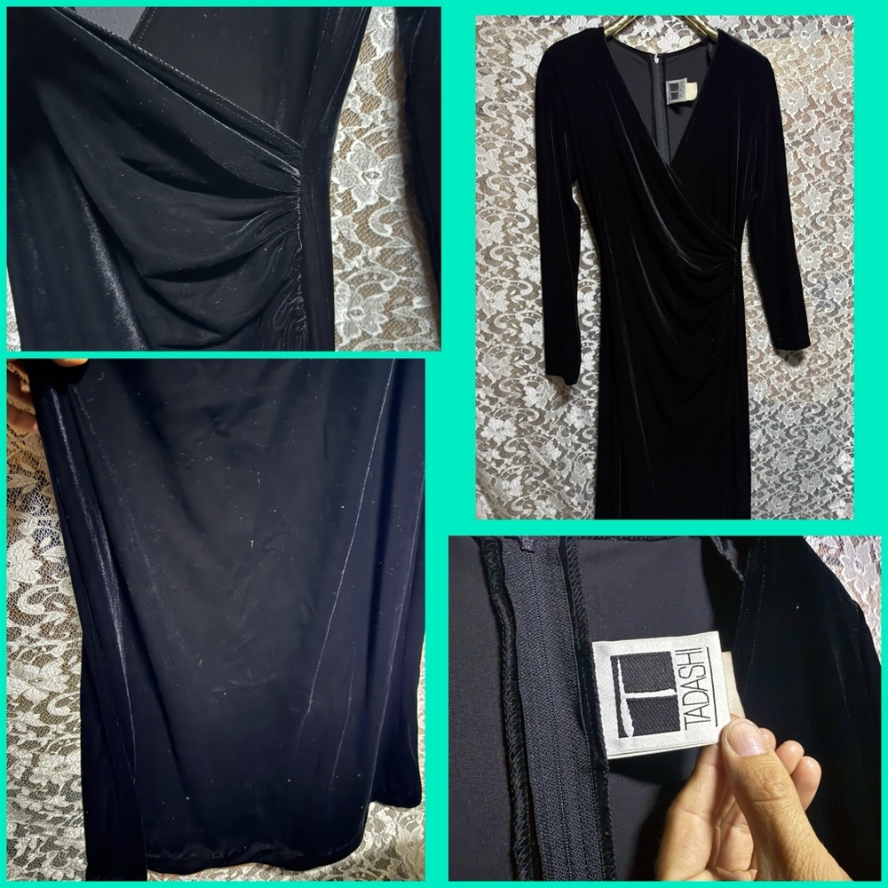 Tadashi Shoji Black Velvet Surplice Long-Sleeve Gown v neck side ruching XL